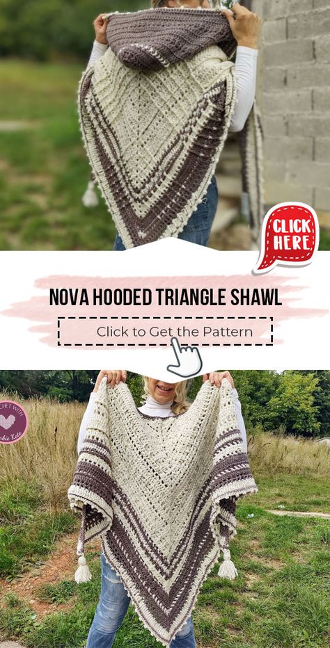 Hooded Triangle Scarf Crochet Pattern, Nova Hooded Triangle Shawl, Crocheted Triangle Shawls, Crochet Hooded Shawl Pattern Free, Easy Crochet Hooded Cowl Pattern Free, Crochet Shawl With Hood, Crochet Patterns For Beginners Blanket, Crochet Hooded Shawl, Crochet Stoles