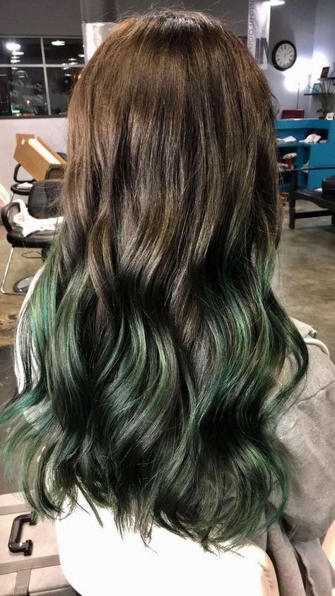 Emerald Green And Brown Hair, Olive Green Hair Color Highlights, Emerald Green Hair Highlights, Dark Green Highlights In Brown Hair, Dark Green And Brown Hair, Emerald Balayage, Dark Green Balayage, Brown To Green Ombre Hair, Brown Hair Green Highlights