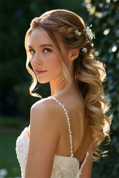 Elevate your look with this stunning half up half down hair style, perfect for any formal occasion. The graceful top section is elegantly twisted and pinned, while the flowing waves cascade down, creating a timeless silhouette. This versatile hairstyle complements various outfits, from a classic gown to a chic cocktail dress. Ensure all eyes are on you and embrace an air of sophistication with this mesmerizing look! Elegant Hairstyles Front View, Hairstyles Front And Back View, Wedding Hair Front View, Hair Front View, Formal Event Hair, Traditional Hairstyles, Wedding Hair Front, Bride Hairstyles For Long Hair, Hair Down Styles