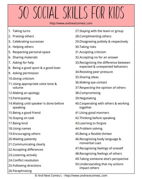 Free printable list of 50 social skills to teach kids from And Next Comes L Uppfostra Barn, Skills For Kids, Social Skills For Kids, Social Skills Activities, Teaching Social Skills, Learning Tips, Mind Maps, Smart Parenting, Emotional Skills