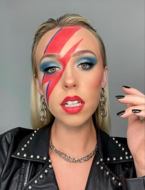 David Bowie Women's Costume, 80s Singers Costume, David Bowie Lightning Bolt Makeup, David Bowie Makeup Looks, David Bowie Halloween Costume Women, David Bowie Inspired Makeup, David Bowie Iconic Looks, David Bowie Costume Women, David Bowie Makeup Inspiration