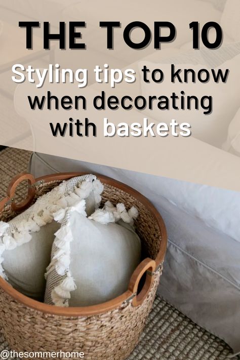 How to decorate with baskets for your living room decor with these amazing home decor and home styling tips. Use your home decor baskets and decorative baskets for the best storage and organization that is also chic and modern. Extra Large Baskets, Basket For Pillows Living Rooms, Pillow Basket Living Rooms, Pillows In Basket Decor, Baskets For Console Table, How To Style A Blanket Basket, Baskets For Decorating, Half Moon Basket Decor Ideas, Decorative Basket Filler Ideas