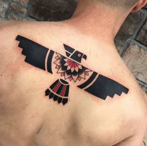 #Thunderbirdtattoo is a widespread figure in #NativeAmerican mythology that was a huge supernatural bird that protected humans from evil spirits.  Find our best examples and more about #NativeAmericanTattoos and their meanings in our #tattooguide!  #tattoostylist Native American Bird Tattoo, Thunderbird Tattoo, Native American Tattoo Designs, Bird Tattoo Meaning, Native American Tattoo, Native American Tattoos, Native Tattoos, Tattoo Parlor, Aztec Tattoo