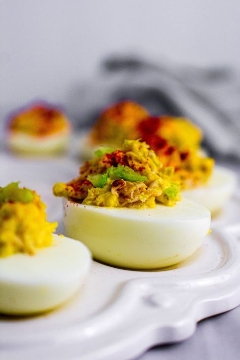 Old Bay Deviled Eggs with Crab | Keto, Low-Carb - A Girl Called Adri Celery Seed, Old Bay, Distilled White Vinegar, Seafood Dinner, Seasoning Blend, Perfect Appetizers, Crab Meat, Deviled Eggs, Smoked Paprika