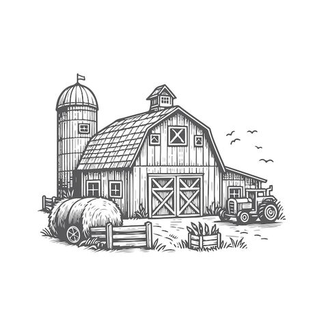 Hand Drawn Farm Sketch Illustrations Farm Sketch, Barn Drawing, Sketch Logo, Art Markers Drawing, Art Journal Resources, Black And White Cartoon, Barn Painting, General Ideas, Farm Logo