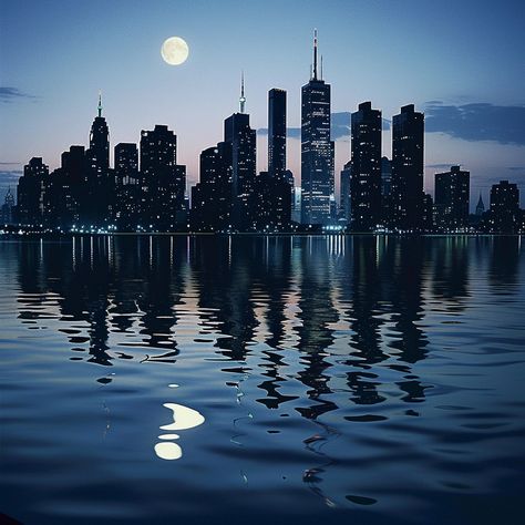 Moonlit Cityscape Reflection: A stunning city skyline under the glow of a full moon, beautifully reflected in tranquil waters. #city #moon #reflection #skyline #night #aiart #aiphoto #stockcake ⬇️ Download and 📝 Prompt 👉 https://stockcake.com/i/moonlit-cityscape-reflection_1049120_778278 City Lights Reflecting On Water, Moonlight Reflection, Night Reflection, Clear Night Sky, Night Skyline, Skyline View, Water Reflections, Night Scene, Under The Lights