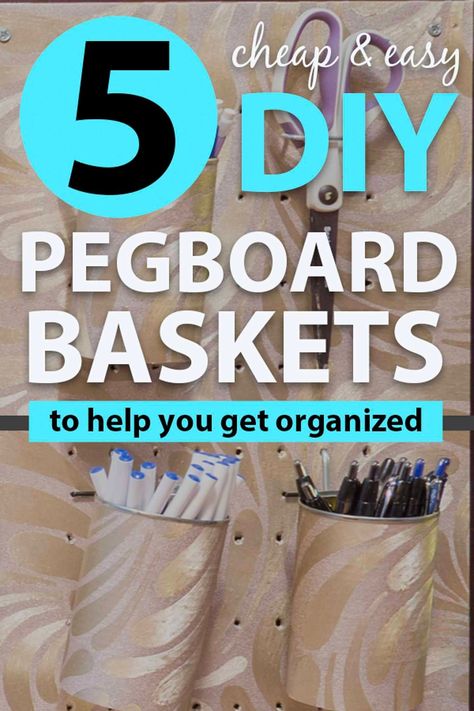 These DIY pegboard baskets are an easy way to organize the pegboard in your office, craftroom or garage without spending a lot of money. #fromhousetohome #pegboard #storage #organization  #pegboard #storageideas Hang Pegboard, Pegboard Baskets, Diy Peg Board, Pegboard Craft Room, Pegboard Bins, Easy Storage Hacks, Pegboard Kitchen, Diy Pegboard, Pegboard Ideas