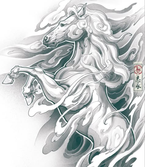 Year Of The Horse Tattoo Design, Japanese Horse Tattoo, Chinese Horse Tattoo, Ox Tattoo, Chinese Horse, Horse Tattoo Design, Black White Tattoos, Full Sleeve Tattoo Design, Unicorn Tattoos