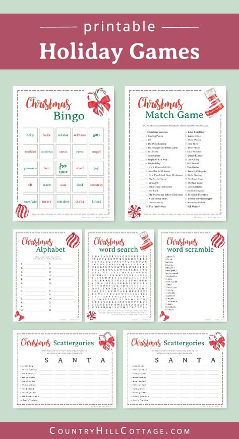 Download a collection of 6 free printable Christmas games for adults and kids! The holiday party games are a fun holiday activity for family get-togethers, Christmas parties, the office and for older students at school. The printable game bundle includes holiday bingo, scattergories, a festive word scramble, word search, a fun movie trivia game, and a holiday alphabet. Movie trivia game. With answers. #printable #freeprintable #holiday #Christmas #games #Christmasgames | countryhillcottage.com Christmas Game Ideas For Adults, Free Printable Christmas Games, Activity For Family, Holiday Word Search, Bingo Christmas, Christmas Party Games For Adults, Holiday Bingo, Christmas Gift Games, Christmas Games For Adults