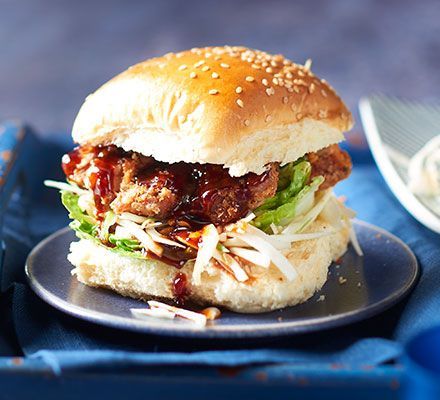 Copy the latest Korean street food trend with ultra-crisp, double-fried chicken, a quick kimchi slaw and lashings of sticky chilli sauce Kimchi Slaw, Quick Kimchi, Fried Chicken Burger, Spicy Fried Chicken, Chicken Burgers Recipe, Korean Fried Chicken, Korean Street Food, Fried Chicken Recipes, Bbc Good Food Recipes