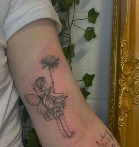 Snowdrop Fairy Tattoo, Fairyopolis Tattoo, Printmaking Tattoo, Vintage Fairy Tattoo, Flower Fairies Tattoo, Fairy Flower Tattoo, Mushroom And Flowers Tattoo, Flower Fairy Tattoo, Forest Fairy Tattoo