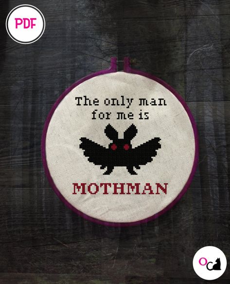 Mothman Pixel Art, Mothman Embroidery, Mothman Cross Stitch, Cryptid Cross Stitch, Angry Stitch, Friend Cross Stitch, Girl Zone, Infinite Universe, Patch Jacket