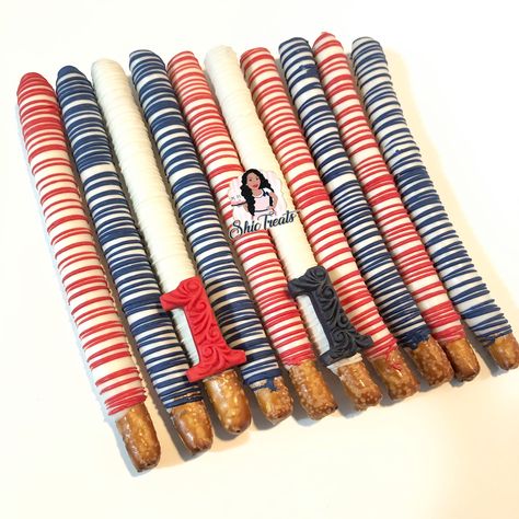 Baseball Pretzel Rods, Race Car Theme Chocolate Covered Pretzels, Baseball Theme Pretzel Rods, Chocolate Covered Pretzel Rods Birthday, Red White And Blue Pretzel Rods, Baseball Chocolate Covered Pretzels, Chocolate Pretzel Rods, Chocolate Covered Pretzel Rods, Baby Gender Reveal Party Decorations