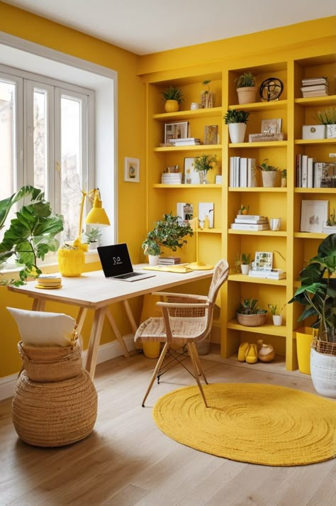 Home Office Colours, Yellow Office Decor, Home Office Bright, Mid Century Office Ideas, Mustard Office, Colourful Home Office, Office Color Ideas, Colorful Office Space, Mint Green Room