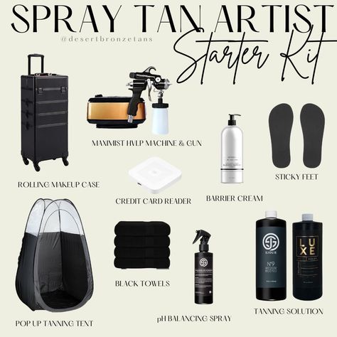 spray tan starter kit professional products airbrush tan tanning salon studio estheticians beauty business Pop Up Spray Tan Booth, Spray Tan Setting Powder Diy, Spray Tanning Price List, Pre And Post Spray Tan Care, At Home Spray Tan Business, Norvell Spray Tan Tips, How To Start A Spray Tanning Business, Tanning Business Names, Spray Tan Artist Outfit