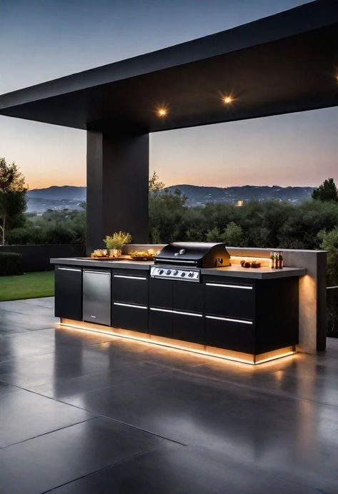 39 Stunning Outdoor Kitchen Ideas: With Style and Functionality 6 Outside Kitchen With Bar, Outdoor Patio Bbq Ideas, Black Outdoor Kitchen Ideas, Out Door Kitchen Ideas, Modern Bbq Area Outdoor, Linear Outdoor Kitchen, Outdoor Grill Design, Bbq Kitchen Ideas, Backyard Kitchen And Pool