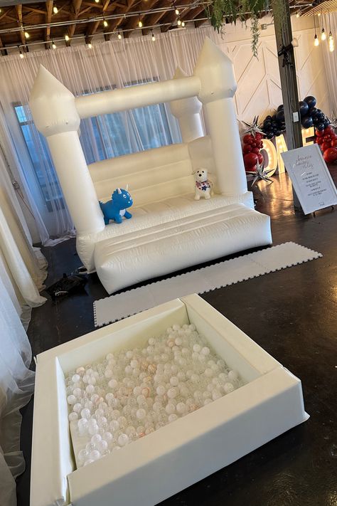 Ball Pit Wedding, Birthday Party Ball Pit, Party Ball Pit, White Ball Pit, White Bounce House With Ball Pit, Ball Pit For Toddlers, White Inflatable Bounce House, Ball Pit Balls, Winter Onederland Birthday Party