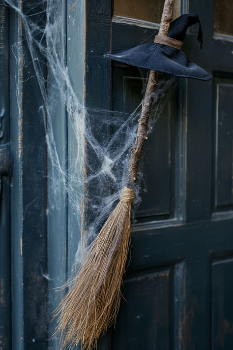 Conjure up a hauntingly enchanting Halloween atmosphere with these bewitching witch decor ideas! From spooky silhouettes to whimsical broomsticks, these DIY projects and decorations will add a touch of magic to your home. Whether you prefer a classic or modern witchy vibe, there's something here to inspire your inner sorceress. Hanging Witch Broom Above Door, Witch Lair Halloween Decor, Witch Theme Office Decorations, Halloween Witch Front Porch Decor, Witch Entryway Decor, Diy Flying Witch On Broom, Halloween Broomstick Decorations, Witches Broom Decoration, Witches Den Halloween Decor