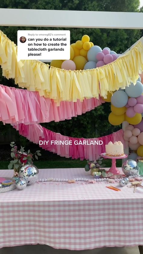 Replying to @vmoreg82 diy plastic tablecloth garlands! 🥳 tablecloths ... | diy fringe backdrop | TikTok Diy Table Cloth Garland, Diy Backdrop With Tablecloth, Plastic Tablecloth Ideas, Backdrop With Tablecloth, Plastic Table Cloth Backdrop Diy, Table Cloth Garland, Plastic Table Cloth Garland, Diy Tablecloth Backdrop, Tablecloth Backdrop Diy