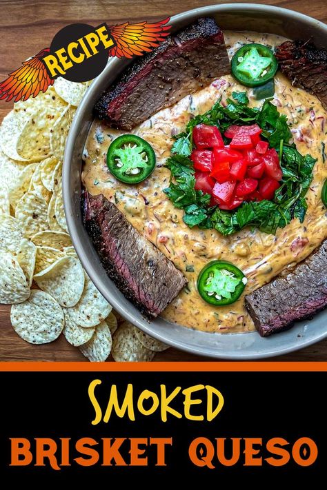 This Smoked Brisket Queso is the ultimate appetizer for your next party. Smoked on your pellet grill using Cookinpellets.com Longhorn Blend. Brisket, cheese, peppers and tomatoes combine with a hint of smoke from the pellets to create this amazing dip. Serve with chips and this will be the star of your next cookout. This easy smoker recipe will impress your family and friends. Brisket Queso, Grilling Appetizers, Easy Queso Dip, Bbq Leftovers, Easy Smoker Recipes, Grilled Appetizers, Pork Brisket, Spicy Queso, Bbq Appetizers