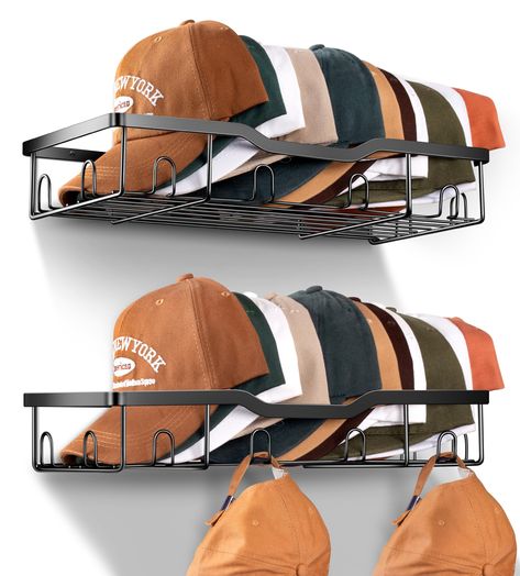 PRICES MAY VARY. Strong & Stable Structure: The baseball hat organizer is made of sturdy metal, stronger than other flimsy plastic single hat hangers in market, display your favorite caps well for long lasting and not easily damaged. Patent pending. Hold up to 40 Hats: The hat organizer for baseball caps fits 20 hats each, larger capacity with 2 packs enough for many kinds of hats including fitted hats, snapbacks, beanies and visors Caps Never Fall: With hat hooks on side, the hats can be placed Hanging Baseball Hats On Wall, Men’s Hat Storage Ideas, Backpack Storage Closet, Boys Hat Storage, Hats Hung On Wall, Baseball Hat Rack, Creative Hat Storage, Hats Hanging On Wall, Winter Hat Storage