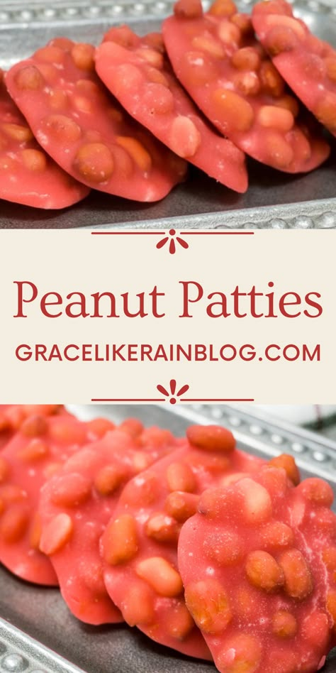 Peanut Patties are an old-fashioned southern treat that was often found at roadside stands and gas stations or fresh from your grandmother's kitchen. Their classic red color makes them a standout on your holiday sweets table. | Old fashioned peanut patties | red peanut patties | gas station peanut patties | peanut recipes | peanut candy | red peanut candy | chewy peanut candy | Christmas candy with peanuts | peanut treats red Red Peanut Patties Recipe, Easy Peanut Patties Recipe, Pink Peanut Patties Recipe, Microwave Peanut Patties, Peanut Patty Candy Recipe, Peanut Pralines, Peanut Patties Recipe, Soft Peanut Brittle Recipe, Old Fashioned Candy Recipes