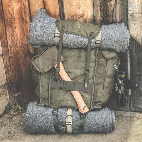 Vintage surplus Bushcraft pack Vintage Style Outdoor Backpack, Vintage Backpack With Waxed Finish For Adventure, Vintage Waxed Canvas Backpack For Adventure, Bushcraft Pack, Vintage Camping Gear, Vintage Waxed Canvas Outdoor Bag, Long Hunter, Hiking Supplies, Backpack Camping