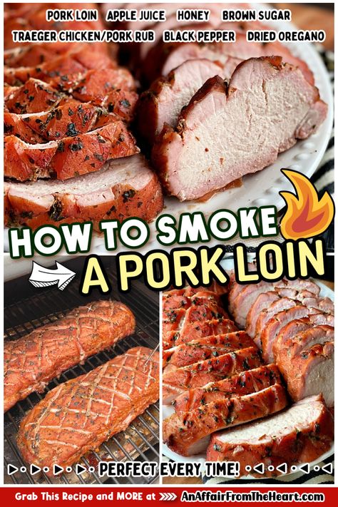 Sliced pork loin on a white serving platter. Pork Tenderloin Smoked Recipes, Pork Loin In The Smoker, Pork Loin Roast On Pellet Grill, Smoked Tenderloin Recipes, Pork Loin Marinade For Smoker, Best Smoked Pork Loin Recipe, Pork Tenderloin On The Smoker, Pork Loin Recipes Traeger, Pork Loin On Smoker Grill