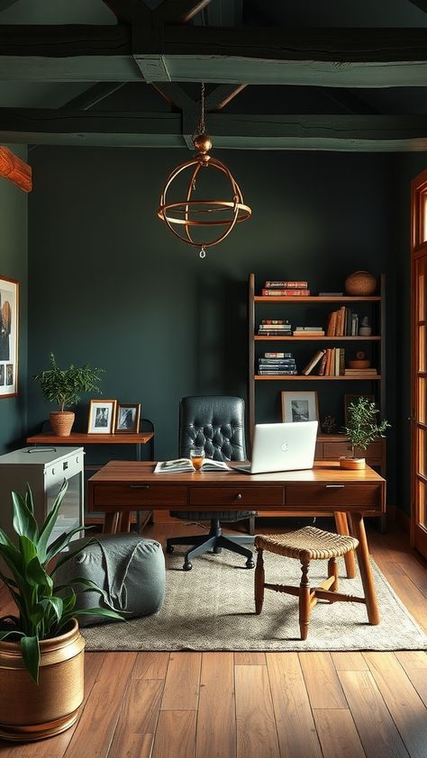 Maximize a small dark office space with green walls, multi-functional furniture, and well-placed lighting to make the space feel inviting. Dark Green Paint Office, Peaceful Home Office Ideas, Male Home Office Decor, Dark Green Library Aesthetic, Basement Office Design, Man's Office Decor Ideas, Small Dark Office Ideas, Small Dark Office, Home Office Dark Green