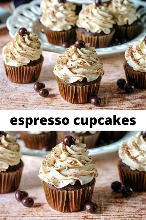 These cupcakes are perfect for the coffee lover. The espresso in the cupcake itself enhances the chocolate flavor. Homemade espresso frosting is sweet, creamy, and full of espresso flavor. Chocolate Espresso Muffins, Chocolate Cupcakes With Coffee, Espresso Cupcake, Espresso Frosting, Homemade Espresso, Walnut Cupcakes, Chocolate Espresso Cupcakes With Salted Caramel Buttercream, Chocolate Espresso Cupcake, Gourmet Cupcake Recipes