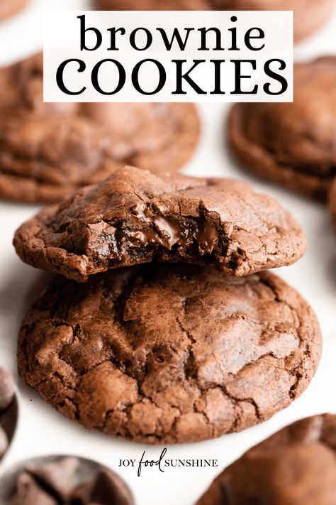 These chocolate brownie cookies have fudgy centers with shiny crackly tops - just like brownies but in cookie form! They're the perfect cookie recipe for serious chocolate lovers! Decadent Chocolate Brownie Cookies, Brownie Cookies From Scratch, Brownie Cookie Recipe, Cookie Basket, Fancy Baking, Thick Cookies, Ultimate Brownies, Mini Loaves, The Perfect Cookie