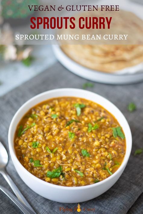 Sprouted Curry packed full of nutrition made in the instant pot or stovetop. Mung bean sprouts cooked in an onion-tomato sauce with ginger, garlic and aromatic spices | #sproutscurry #mungsprouts #sproutedlentils #instantpotsprouts | pipingpotcurry.com Sprouted Moong Dal Recipe, Sprouted Mung Bean Recipes, Mung Bean Sprouts Recipes, Vegan Curries, Indian Curry Recipes, Instant Pot Indian, Bean Sprout Recipes, Moong Dal Recipe, Dhal Recipe