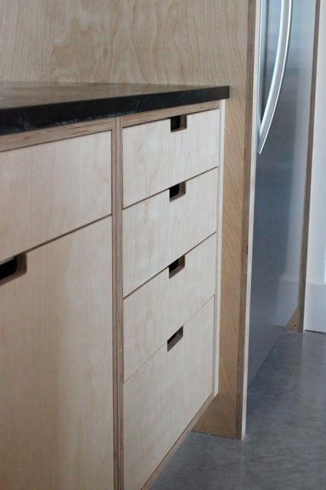 In her plywood kitchen, green blogger Mika from The Little Forest House used cutouts instead of hardware because having the handles integrated instead of applied felt very organic to her.  See the rest of her kitchen at The Little Forest House. Country Bedroom Furniture, Plywood Projects, Plywood Design, Plywood Kitchen, Plywood Interior, Plywood Cabinets, Farmhouse Kitchen Cabinets, Kitchen Cabinet Pulls, Cabinets Ideas