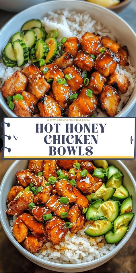 These Hot Honey Chicken Bowls are the ultimate balance of sweet, spicy, and savory in every bite! Tender, juicy chicken drizzled with a homemade hot honey sauce sits atop a bed of rice or greens, making this a flavorful, satisfying meal for any time of day. Low Calorie Meals For One, Hot Honey Recipes, Dinner Ideas High Protein, Homemade Hot Honey, Hot Honey Sauce, Spicy Honey Chicken, Apartment Cooking, Hot Honey Recipe, Honey Chicken Recipe