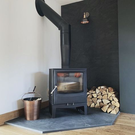 A stunning focal point, the Farringdon stove looks right at home in tom sinclair's living room. The exposed flue runs internally as an extended feature of the stove. #stoves Period Home Interiors, Wood Stove Surround, Hygge Aesthetic, Small Stove, Solid Fuel Stove, Wood Burning Stoves, Period Home, Wood Stove Fireplace, Cozy Morning