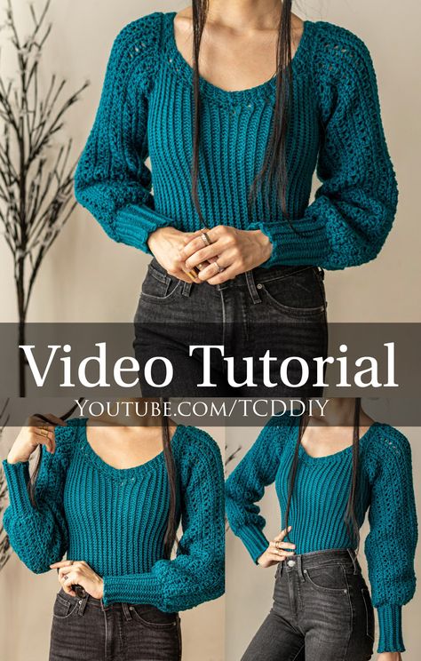 Learn how to make this new sweater! This balloon sleeve sweetheart sweater is the perfect spring top! It's a romantic top that can easily be made with our video tutorial so let's get started! 💖 Be sure to follow on YouTube, Instagram and check out my Etsy @TCDDIY #crochet #crochettop #crochetpattern #crochettutorial Mode Crochet, Crochet Ladies Tops, Diy Vetement, Crochet Fashion Patterns, Crochet Cardigan Pattern, Crochet Woman, Crochet Top Pattern, Sweater Crochet Pattern, Cardigan Pattern