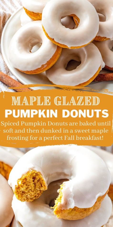 Maple Glazed Pumpkin Donuts are homemade, soft-baked donuts that are frosted with a sweet maple icing for a perfect Fall breakfast or dessert! #pumpkin #pumpkinrecipes #donuts #baking #maple #fall How To Bake Whole Pumpkin, Baking With Pumpkin Puree, Pumpkin Puree Recipes Desserts, Baking With Pumpkin, Double Layer Pumpkin Pie, Homemade Baked Donuts, Maple Icing, Dessert Pumpkin, Fall Recipes Breakfast