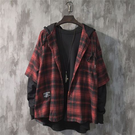 Japanese Hoodie, Estilo Harajuku, Street Jeans, Plaid Cardigan, Plaid Shirt Men, Plaid Shirts, Shirt Detail, Fashion Autumn, Layering Outfits