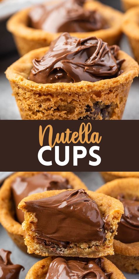 collage: chocolate chip cookie cup filled with nutella and cookie cup cut in half Filled Cookie Cups, Pillsbury Chocolate Chip Cookie Dough, Easy Xmas Dessert, Pillsbury Chocolate Chip Cookies, Chocolate Chip Cookie Dough Recipe, Pillsbury Cookie Dough, Cookie Dough Cups, 2 Ingredient Cookies, Nutella Chocolate Chip Cookies