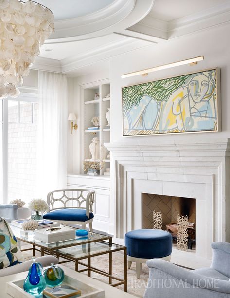 This Beautiful Family Home on Kiawah Island Is Decorated with Meaningful Momentos Melanie Turner, Melanie Turner Interiors, Den Ideas, Light Blue Walls, White Fireplace, Kiawah Island, White Living, White Living Room, Mural Painting