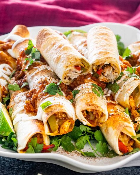 These Baked Chicken Fajita Taquitos are crispy delicious small rolls of tortillas, filled with freshly prepped peppers, onions and fajita chicken strips, baked to heavenly perfection. #chickenfajitas #taquitos #recipe Chicken Strips Baked, Quesadilla Recipes Easy, Fiesta Recipes, Easy Chicken Enchilada Recipe, Fajita Chicken, Taquitos Recipe, Baked Chicken Fajitas, Jo Cooks, Brunch Casserole