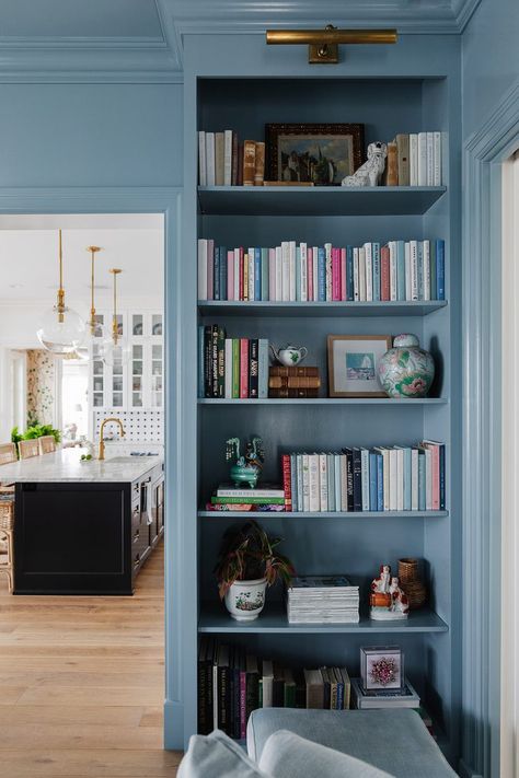 Elaina Fagan, Coastal Library, Coastal Bookcase, Blue Bookshelves, Blue Bookcase, Grandmillennial Style, Glam Pad, Library Room, Snow Owl