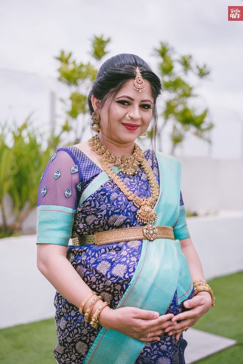 Pattu Sarees For Seemantham, Seemantha Hairstyle, Hairstyle For Seemantham, Hairstyles For Seemantham, Hairstyle For Baby Shower Function, Valaikappu Hairstyles, Blouse Designs For Baby Shower Function, Seemantham Hairstyle, Hairstyles For Baby Shower Mom