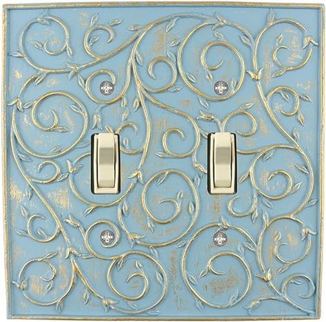 Meriville French Scroll 2 Toggle Wallplate, Double Switch Electrical Cover Plate, Cameo Blue with Gold - Amazon.com Light Switch Covers Diy, Wall Outlet Covers, Beautiful Bedrooms Master, Toggle Light Switch, French Home Decor, Light Switch Plate Cover, Switch Plate Covers, Light Switch Plates, Blue Plates