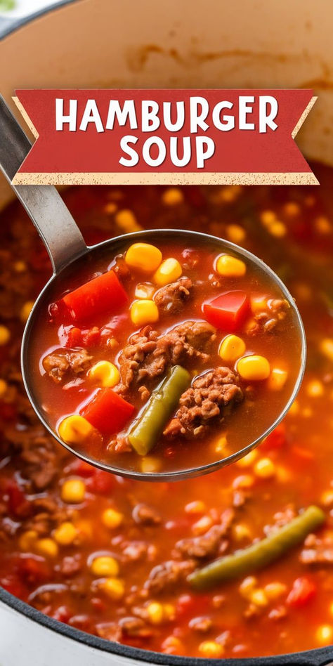 Easy Hamburger Soup Recipe – This easy hamburger soup recipe is packed with flavor and ready in just 30 minutes! It’s a delicious, one-pot dinner that the whole family will love. Hamburg Dinner Recipes, Fast Easy Hamburger Recipes, Easy Crockpot Recipes With Hamburger, Clean Eating Hamburger Recipes, Spicy Hamburger Soup, Homemade Vegetable Soup With Hamburger, Easy Hamburger Soup Recipe, Easy Fast Soup Recipes, Weight Watchers Hamburger Recipes