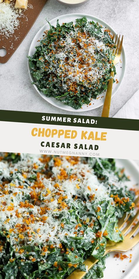 This chopped kale Caesar salad takes lacinato kale, grated parmesan cheese, and toasted breadcrumbs, drizzled with a creamy, yogurt-based homemade Caesar dressing. Kale Romaine Caesar Salad, Keto Caesar Salad, Kale Ceaser Salad Recipes, Homemade Ceasar Salad, Parmesan Kale Salad, Kale Cesar, Kale Cesar Salad, Macro Foods, Chopped Kale Salad