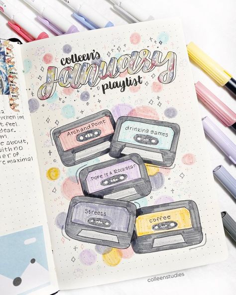 colleen - studygram/bujo on Instagram: “Playlist spread!! I didn’t really branch out and try to hunt for new music this month tbh, and I want to try doing that more in February :)…” Bujo Playlist Spread, Bujo Playlist, Spring Playlist, Denim Art, Bullet Journal Design Ideas, Dot Journals, Bullet Journal Themes, Bullet Journal Art, Bujo Inspiration