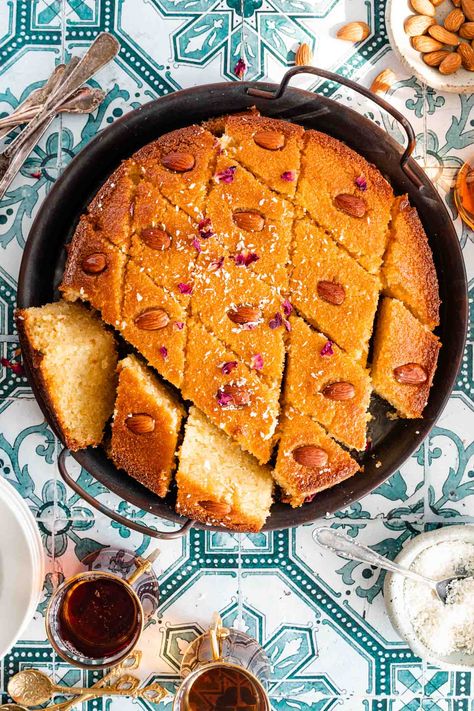 Namoura (Basbousa Recipe) Basbousa Photography, Basbusa Food, Saudi Arabian Recipes, Basbousa Arabic Sweets, Eid Recipe Ideas, Egyptian Basbousa, Best Basbousa Recipe, Basboosa Recipe, Basbousa Cake