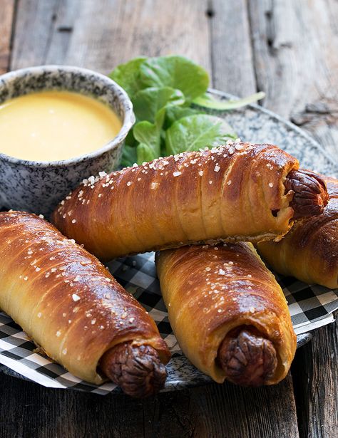 Homemade Pretzel Dogs with Honey Mustard Sauce Homemade Pretzel Dogs, Ballpark Food, Homemade Pretzel, Pretzel Dogs, Pretzel Dough, Honey Mustard Dipping Sauce, Baking Soda Bath, Homemade Honey Mustard, Mustard Dipping Sauce