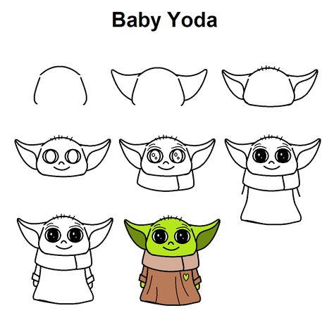 Step-by-step tutorial to draw Grogu (Baby Yoda) from Star Wars (The Mandalorian). How To Draw Grogu Step By Step, Step By Step Drawing Star Wars, Disney Paintings Easy Step By Step, How To Draw Grogu, Art Hub For Kids How To Draw, Star Wars Yoda Drawing, How To Draw Star Wars Step By Step, How To Draw Baby Yoda, Star Wars Easy Drawing